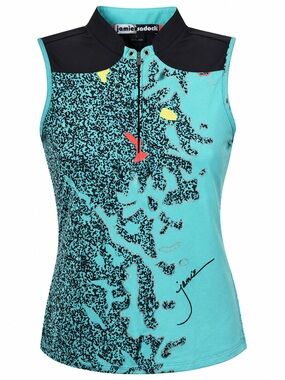 Jamie Sadock Golf Top Large Sleeveless 1/4 Zip Aqua Print Stretch Performance